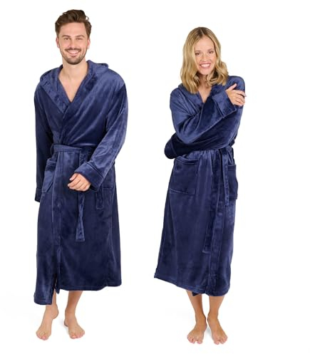 Blumtal Bademantel Damen & Herren L - OEKO-TEX zert. Morgenmantel mit Kapuze, extra saugstark, Mikrofaser, für Sauna, Dunkelblau-Blau