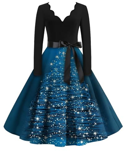 Weihnachtskleid Damen, Glitzer Kleid Damen Silvester Festlich Damen Sexy Weihnachtskleider Elegant V Ausschnitt Kleid Mit Weihnachtsmotiv Kleid Weihnachten Rotes Damen Silvester (Blau,XXL)