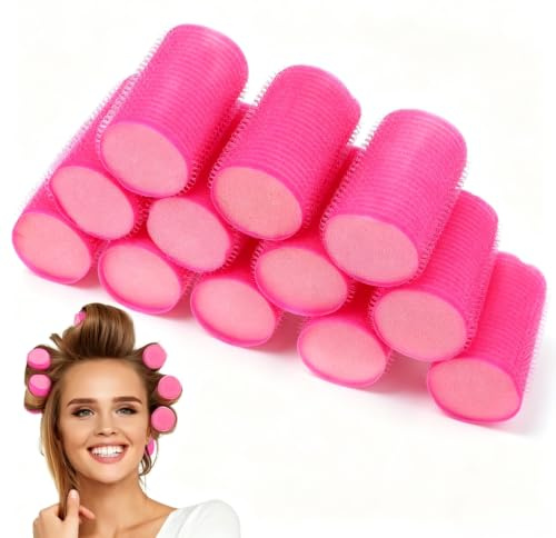 Healeved 12Pcs Hair Curlers Rollers, 60mm Jumbo Hair Roller Curlers Self Grip Holding Rollers for Long Medium Short Thick Fine Thin Hair Bangs Volume (Rose Red)