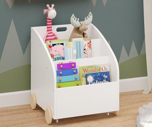 Bellabino Bücherregal für Kinder Towy mit Rollen, Kinderregal mit 3 Fächern für Bücher, Spielzeug Aufbewahrung mit Geheimfach, weiß/Natur