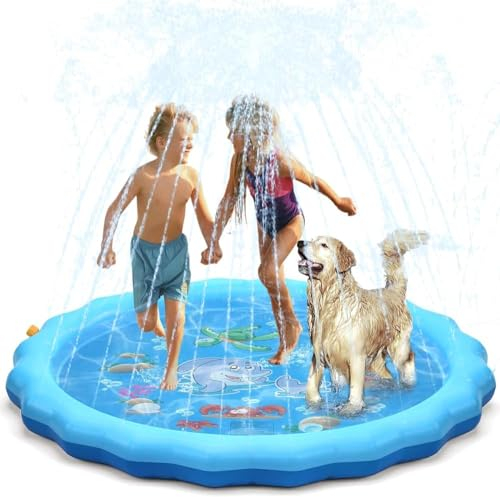 GLINKADO Tapis de Jet d'eau (170cm), Antidérapant 0,58mm Épaisseur, Splash Pad Durable en PVC, Jet Fontaine Réglable pour Enfants, Adultes et Chiens, Jeu d'eau Extérieur pour Jardin