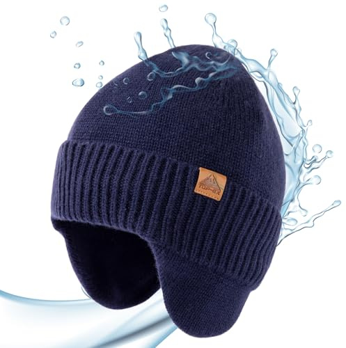 TOP-EX XL/XXL DryKnit™ Unisex Gorro impermeable de lana merino 80% con forro de forro polar y orejera, gorro de invierno cálido, azul, M-L