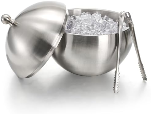 Yesland Ice Bucket with Lid, Double Insulation Ice Box Container Storage Box, 2 L Stainless Steel Ice Bucket Container with Ice Tong Scooper, Spherical Wine Champagne Barrel for Home Party Bar