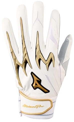 Mizuno Pro PowerArc Baseball-Schlaghandschuh, Weiß-Gold, Größe L