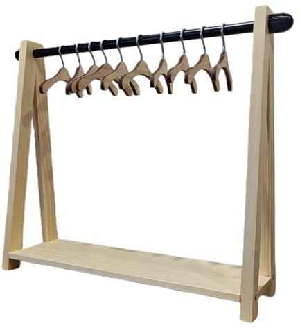 Perchero de madera para muñecas con 10 mini perchas y estante de almacenamiento, armario portátil para mini muñecas de 6 a 18 pulgadas, accesorios, ropa, zapatos, bolsas