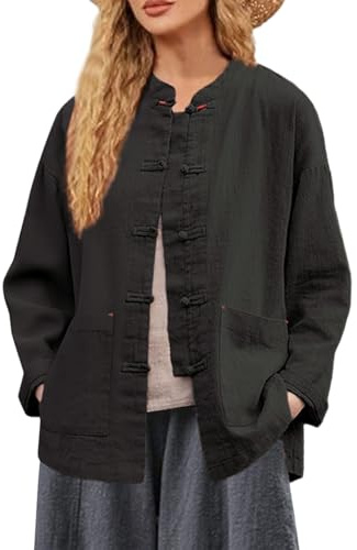 IXIMO Women's Linen Shirt Jakctes Vintage Cotton Long Sleeve Blouses Chinese Style Tunic Tops Black Medium