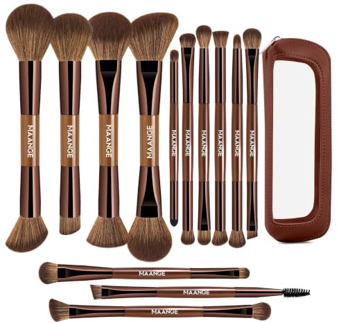 MAANGE 13-teiliges Makeup Pinsel Set mit Etui – Professionelle Daily & Travel Schminkpinsel-Set für Foundation,Puder & Lidschatten, Doppelseitiger Makeup Pinsel, Kaffeebraun