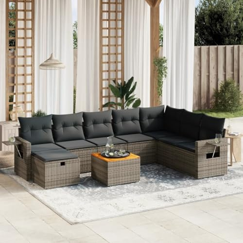 QJBSAVVA Ensemble de 9 pièces en rotin synthétique gris, 55 x 55 cm, table en bois d'acacia, groupe de sièges de balcon modulaire avec coussins lavables, structure en acier