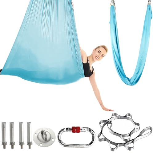 Aerial Yoga Hängematte Set Yogatuch zum Aufhängen für Erwachsene Aerial Swing Air Fliegen Schaukel Hammock Swing mit Zubehör für Indoor Übungen Anti Gravity Übungen(100x280CM)(Hellblau)