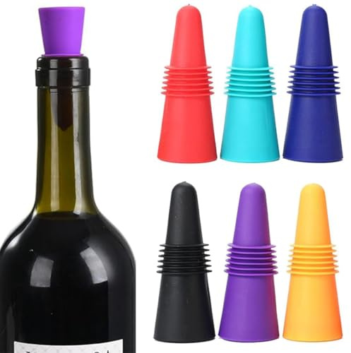 HUZNA Tapon Botella Vino 6pzs, Tapones Reutilizables para Botellas de Vino,Multicolores Con Rosca,Antiderrames Tapón Vino, para Conservar el Vino Fresco