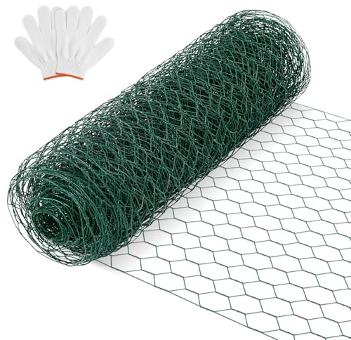 Daromigo Valla de malla hexagonal galvanizada de 27 mm – Alambre para conejos, valla para pollos para jardín y animales, incluye guantes, resistente, malla fina, longitud 35 m, altura 100 cm, color