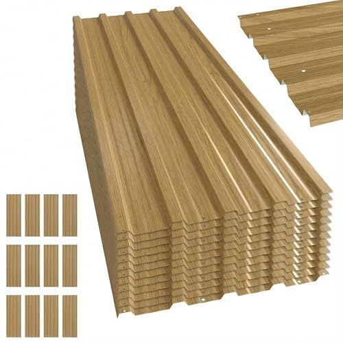 Outsunny 12x pannelli per tetto in acciaio zincato, lamiere profilate per tetto 7 m², per capanno degli attrezzi, tettoia, garage, esterni, 129 x 45 cm, legno naturale