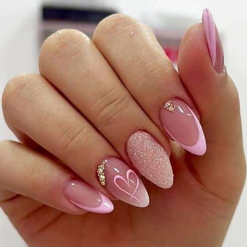 24Pcs Almond False Nails - Pink French Tip Glitter Style - Medium Length Glossy Full Cover Press On Nails - Removable DIY Nail Art (Pink, Glitter)