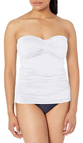 Anne Cole Solid Twist Front Shirred Bandeau Tankini Swim Top Haut, Blanc, S Femme