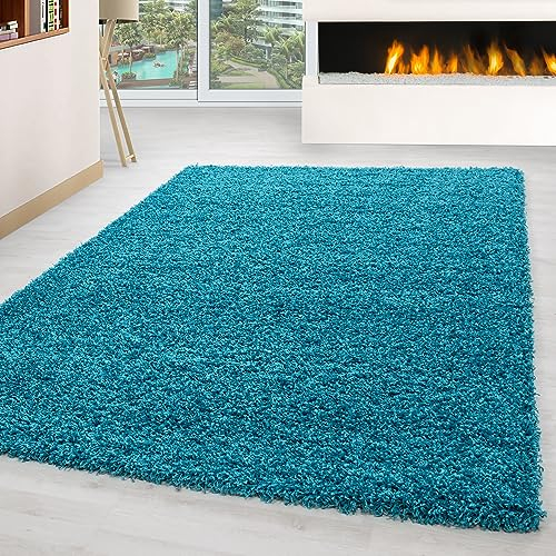 Carpettex Hochflor Teppich Wohnzimmer 140 x 200 cm Türkis - Flauschiger Teppich Extra Weich und Pflegeleicht - Shaggy Teppich Modern Einfarbig Design - Teppich für Schlafzimmer, Esszimmer und Küche