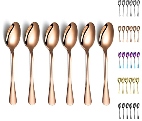 Rose Gold Dinner Spoons, Kyraton 6 Pieces 19 cm Stainless Steel Table Spoon with Titanium Copper Plating, Rose Gold Soup Spoons, Dessert Spoons Sliverware Dishwasher Safe Set of 6