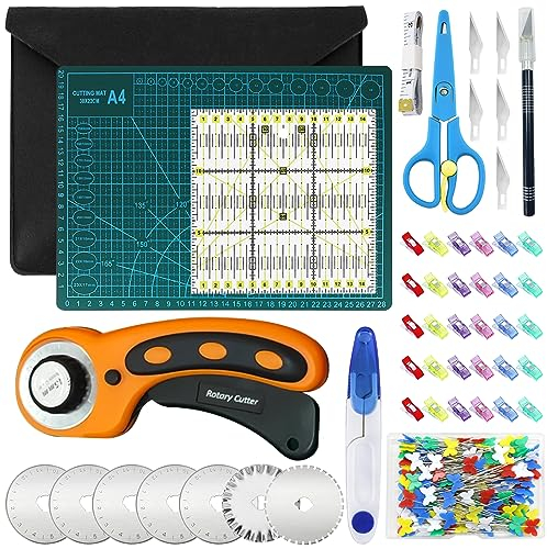 JOYBOY Cortador Giratorio,45 mm Cúter Giratorio Set,Alfombrilla de Corte,Cortador Rotativo,Hoja de Repuesto,Cinta Métrica + Alfileres,Juego de Tapete de Corte,para Papel,Tela,Cuero
