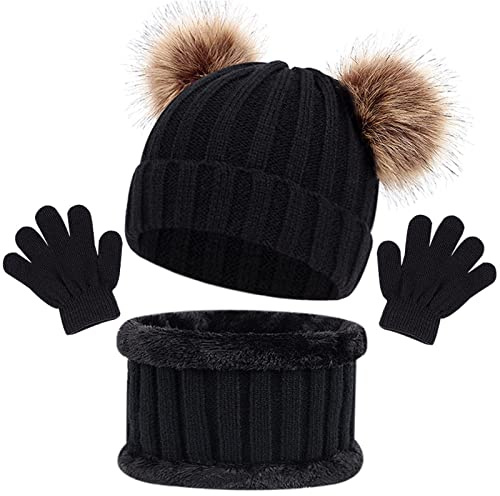 Baynetin 3PCS Knitted Beanie Hat Scarf Gloves Set Baby Girls Winter Thick Pom Cap Neck Warmer Boys Mittens for Boys Girls 1-6 Years old, Winter Accessories Sets for Children Outdoor Sports (Black)
