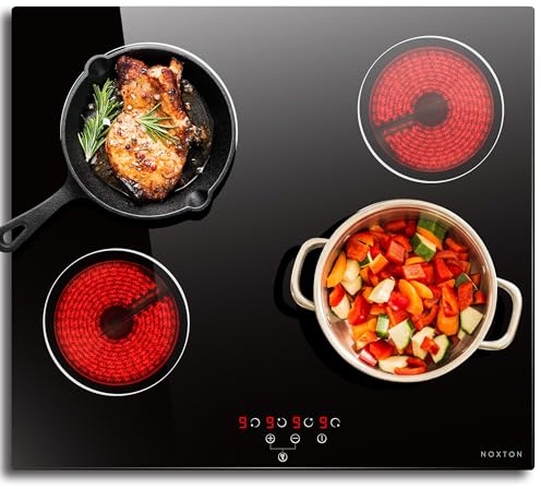 NOXTON Plaque Vitrocéramique 4 Feux Encastrable, 6000W, Table de Cuisson 60 cm, 4 foyers en Céramique, 9 Niveaux de Puissance, Verrouillage de sécurité pour enfants, 220-240V, Sans Prise