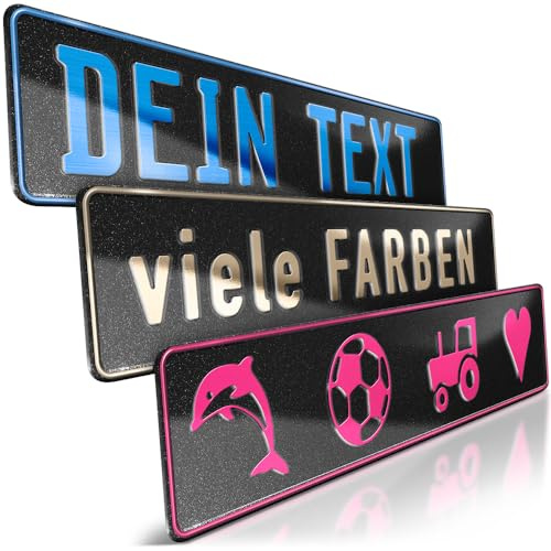 schildEVO 1 Fun-Schild geprägt | Schwarz Glitter mit Wunschtext bis zu 16 Zeichen | Aluminium Namensschild | Individuelles Fun-Kennzeichen | Bohrlöcher & Saugnäpfe