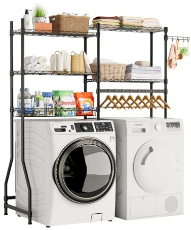 Golpart Over Washer and Dryer Shelves,Heavy Duty Laundry Room Storage Organization Clothes Drying Rack,5 Tier Adjustable Height Wire Shelving and Wire Basket with Hanger Rod&Hook,Space Saving Shelf