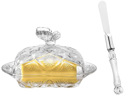 KKGUD Butterdose aus geprägtem Glas mit Buttermesser