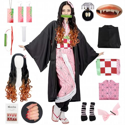 YYDSXK Cosplay Nezuko Tanjirou, Déguisement Kamado Nezuko Tanjirou Kochou Shinobu Mitsuri, Cadeau pour Enfants Adulte, Ensemble de Cape Kimono pour Carnaval Halloween