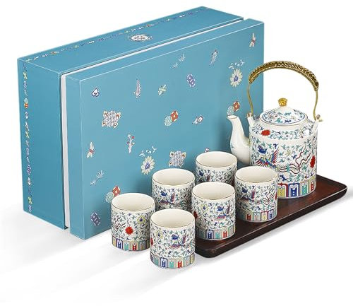 fanquare Chinesisches Teeservice Phoenix Porzellan Teeservice mit Teekanne Buntes Kung Fu Teeservice mit Teekanne und Tasse Set für Erwachsene Geschenke, eine Teekanne mit 6 Tassen