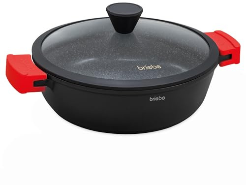 briebe Black Titanium Faitout Basse Induction Antiadhésif Titane, Casserole 32cm, Fonte d'Aluminium, Revêtement sans PFOA, Couvercle en Verre, Poignées Silicone, Vitrocéramique, Gaz, Four