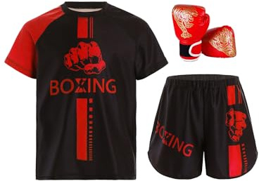 Miutii 3tlg.Kinder Jungen Trainingsanzug Boxing Kleidung Muay Thai Short Kickboxen Kurze Hose + T-Shirt + Boxhandschuhe Thai MMA Kampfsport Training Sport Set Rot 122-128