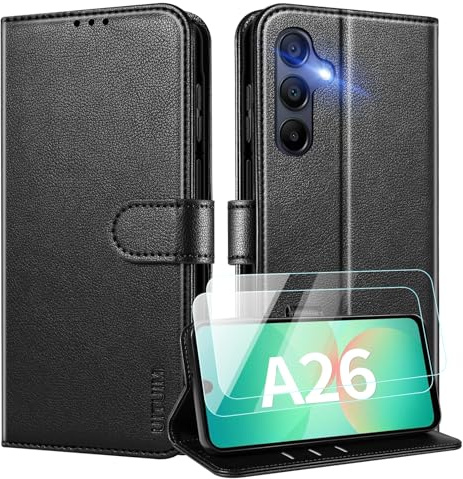 UITUIM Coque pour Samsung Galaxy A26 5G Coque Etui Portefeuille Cuir avec 2 Verre Trempé Protection Écran Porte Carte Rabat Clapet Flip Case Étui Cover Housse Etui pour Samsung Galaxy A26 5G,Noir