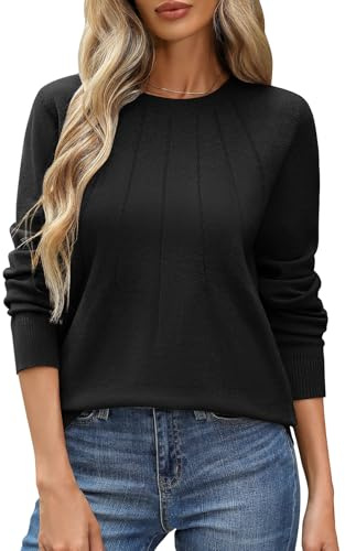 PASUDA Jersey Mujer Fino Suéter Punto de Manga Larga Tops Cuello Redondo Camiseta Elegante Ligero Pullover Suaves Elasticidad Jerséis Mujer Invierno Otoño (Negro, XXL)