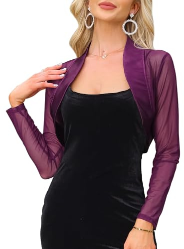 Allegra K Bolero corto de satén para mujer, vestido de noche, cárdigan de malla, parte delantera abierta, manga larga