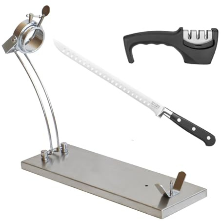 CUPERINOX Jamonero Giratorio y Plegable | Jamonera base Inoxidable | Incluye Cuchillo Jamonero Alveolos 25 cm, Afilador y Funda para Jamón | Apto Jamones y Paletilla