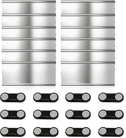 12 stycken namnskyltar för klädmagnet, SGZIOO namnskyltar magnet, aluminium namnskylt magnetisk med stark dubbelmagnet, magnet namnskyltar med pappersspår, ca 72 x 35 mm, silver