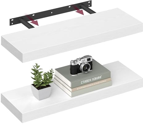 VASAGLE Wall Shelves Set of 2, Floating Shelves, 20 x 60 x 3.8 cm | Wall Mounted, for Picture Frames, Wall Decor, Living Room, Study, Kitchen, Snow White