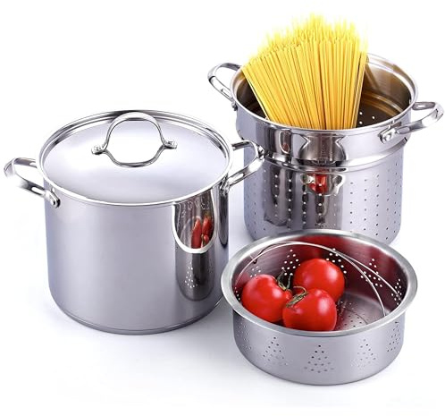 Cooks Standard Pasta Pot 18/10 Stainless Steel 12 Quart, Spaghetti Cooker Steamer Stock Pot Multipots with Strainer Insert, Stainless Steel Lid, 4-Piece Set