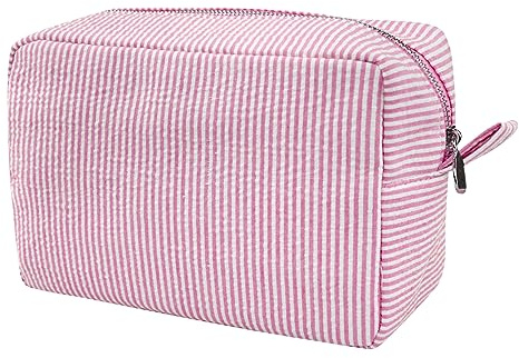 GFU Cosmetic Bag for Women, Large Makeup Bag, Travel Toiletry Stripe Cosmetic Bag, Seersucker Women Aesthetic Organizer Storage Pouch, Girls Handbags Purses (Pink)