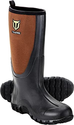 TIDEWE Rubber Boots for Men Multi-Season, Waterproof Rain Boots with Steel Shank, 6mm Neoprene Sturdy Rubber Outdoor Hunting Boots Size 9 (Brown)