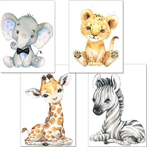 YOULIKE Baby Room Decoration Cartoon Animals Pictures - 4 Pack Theme Nursery Wall Art Decals for Boys Girls Kids Children's Bedroom - Without Frame