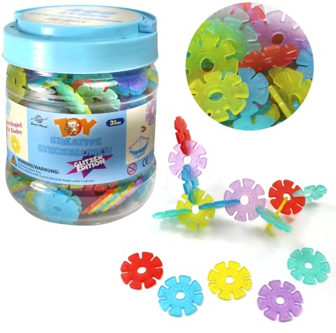 Smart-Planet 400 Glitzer Steckblumen in Dose - Schneeflocken zum Stecken 3,3 cm Kinder Montessori Spielzeug Lernspielzeug Steckbausteine Stecksteine ab 3 Jahre