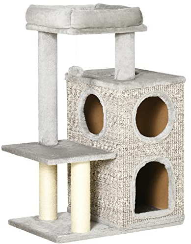 PawHut Kratzbaum, Höhe 91 cm, Kletterbaum mit 2 Katzenhöhlen, Kratztonne mit Sisalsäule, Spieltonne für Katzen, Katzenbaum mit Plattform, Spielbaum, Katzenspielzeug, Hellgrau