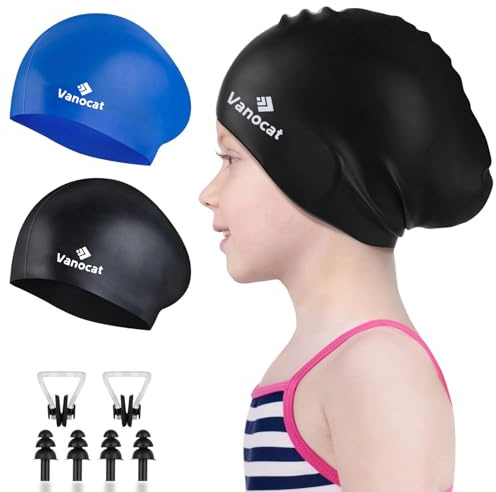 Vanocat 2 Pack Kids Swimming Cap Short/Long Hair, Unisex Silicone Swimming Hat for Age 3-15 Children Toddler Teen, Waterproof Shower Swim Cap for Girls Boys with Ear Plugs & Nose Clip（Black+Blue）