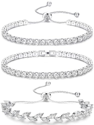 JeweBella 3PCS Pulsera Tenis Plata Mujer Pulsera Zirconia Ajustable Pulsera Clásico Diamantes Juego de Pulseras Cristal Plata Brillante Elegante Joyería de Regalo para Novia, Madre, Amigo