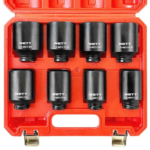 WETT 1/2 Drive Deep Large Impact Socket Set, 8-Piece Spindle Axle Nut Large Sockets Set, Standard SAE 6 Point Wheel Wrench Sockets, CR-V Steel, (1-1/4-Inch-1-3/4-Inch)