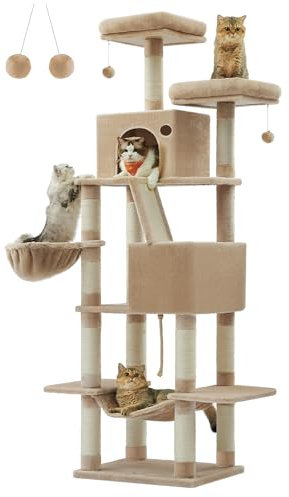 Feandrea Kratzbaum groß, 206 cm hoch, XXL Katzenbaum, mit 13 Kratzsäulen, 2 Plattformen, 2 Höhlen, Korb, Hängematte, Plüschbälle, mehrstöckiger Katzenkratzbaum, Kamelbraun PCT190K01