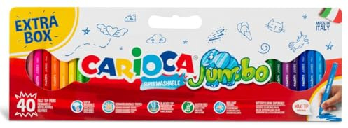 Carioca Jumbo-markörer med tjock spets | Maxi-pack på 1/2 meter med 40 supertvättbara och kraftigt täckta markörer, Maxi åttkantiga kropp, blandade färger, Ø 6 mm spets | 40 st