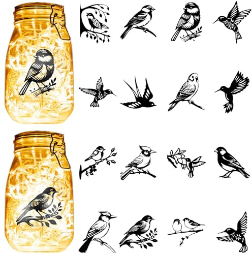 CREATCABIN 16Pcs Birds Silhouettes Mason Jar Decor Laser Cut Cardboard Scrapbook Cutouts Die Cuts Embellishments PVC for Crafting DIY Colorful Light Hanging Lamp Frosted Glass Jar-No Sticker 4x3.5Inch