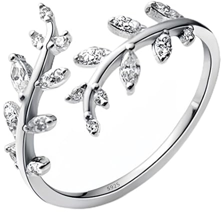 Sterling Silver Rings for Women Adjustable Open Ring Stress Relief Anxiety Thumb Rings Wrap Around Leaves Rhinestones Promise Ring Jewellery Gift for Girlfriend Anniversary Valentine's Day