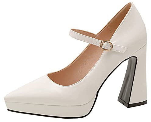 Lizoleor Block Heel Pointed Toe Ankle Strap Platform Women Shoes Wedding Mary Jane High Heel Buckle Embroidered Patent White Size 1 UK/33